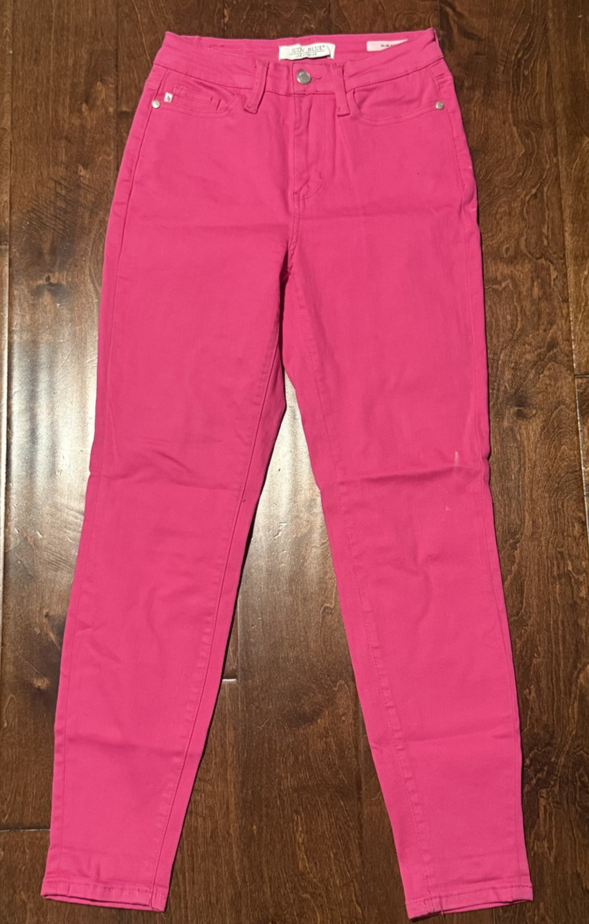 Judy Blue Women's Neon Pink Slim Fit Stretch Jeans Mid-Rise Size 1/ 25 Cotton